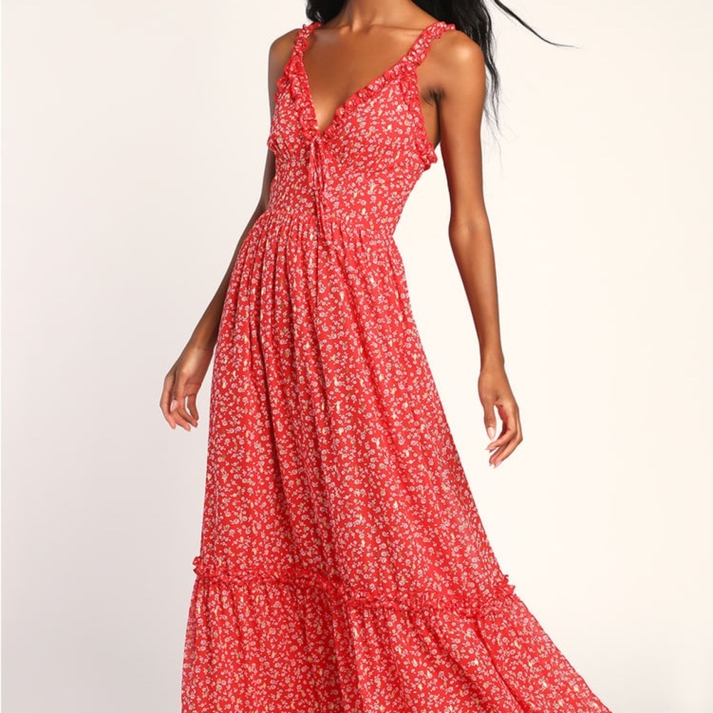 Summer Ease Red Floral Tie-Back Chiffon Maxi Dress